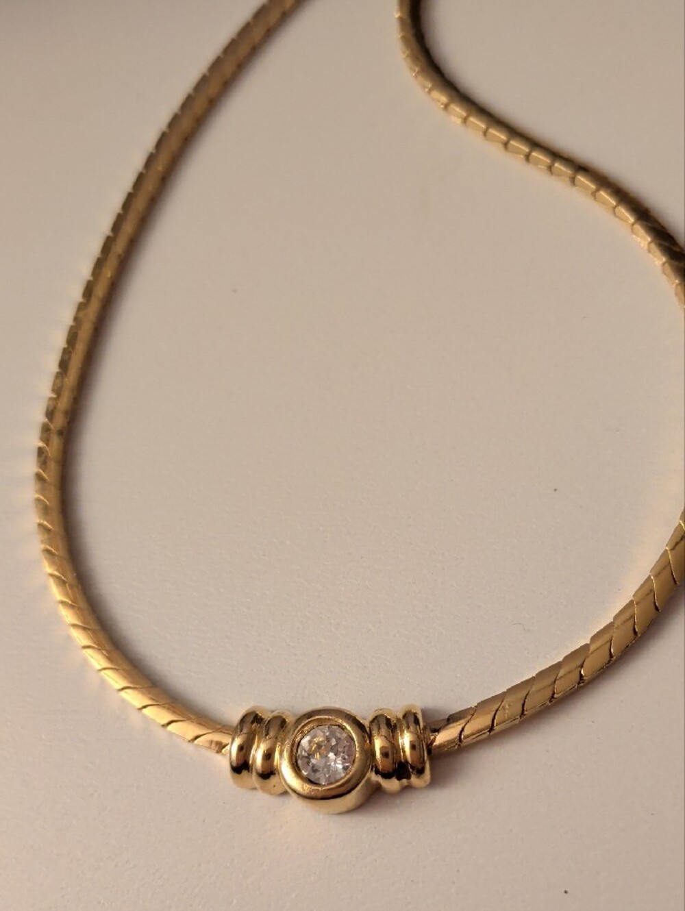 Gold Plated Pendant Vintage Thick Necklace with Clear Crystal Accent 17.5" Long